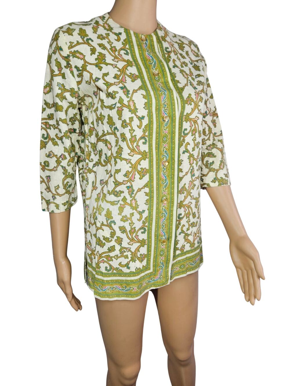60s Green Handmade Relaxed Collarless Straight-cut Blazer Elegant Round Neckline